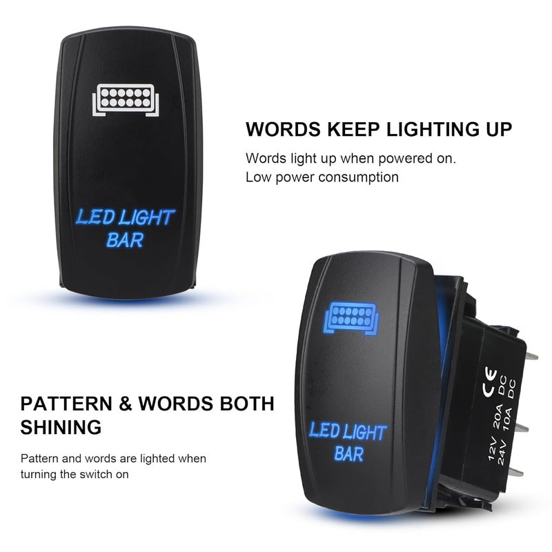 Weasch LED Light Bar Rocker Switch, Laser On/Off SPST 5Pin Waterproof, 20A/12V 10A/24V, with Jumper Wires for Automotive Marine Truck Jeep, Blue - Image 3
